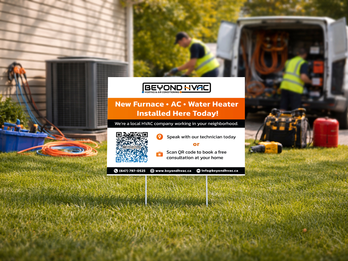 Heating and air conditioning lawn sign with clear service and contact information