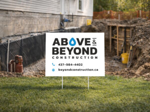 Waterproofing company lawn sign with professional branding and phone number