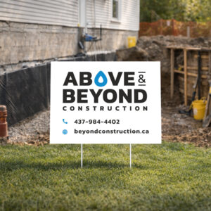 Waterproofing company lawn sign with professional branding and phone number