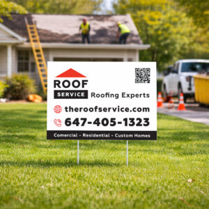 Roofing lawn sign with bold contact information and company branding
