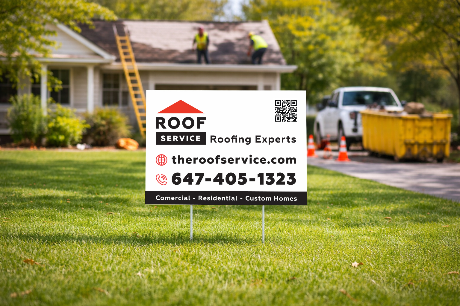 Roofing lawn sign with bold contact information and company branding