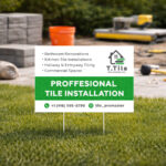 Tile installation lawn sign with clean layout and service details