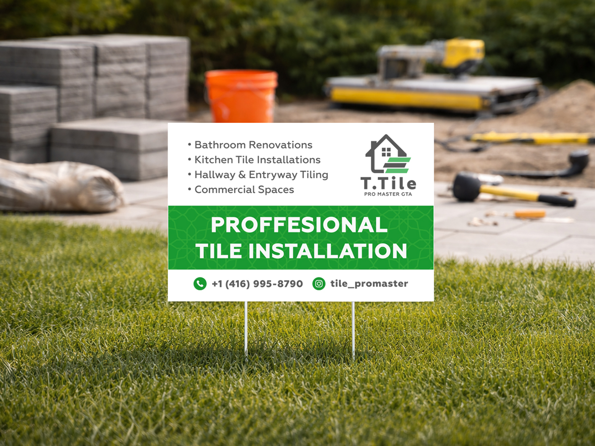 Tile installation lawn sign with clean layout and service details